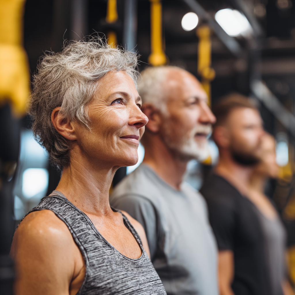 Experienced fitness professionals working with mature adults in modern training facility