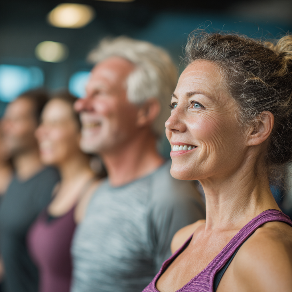 Middle-aged adults participating in diverse fitness training session with professional guidance